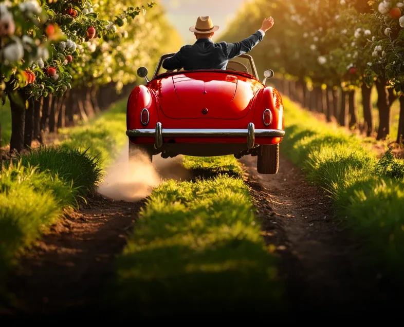 Man Driving a car through an orchard
